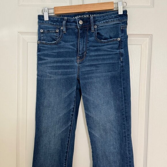 American Eagle High Rise Crop Flare Jeans‎ Womens 2 Blue Stretch Boho Indie Prep - Picture 3 of 12